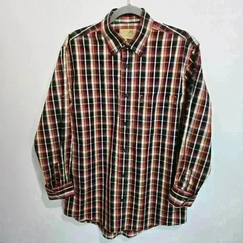 Men's Cabelas Outfitter Series Care-free Cotton Plaid Shirt - Black/Brown - Sz M